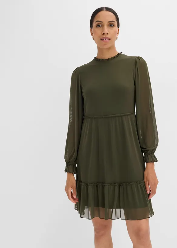 Jerseykleid aus feinem Mesh in grün von vorne (Totalaufnahme) - bonprix