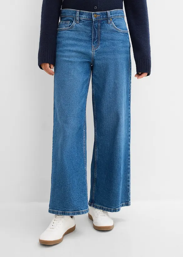 Wide-Leg-Jeans Mid Waist, cropped in blau von vorne - bonprix Wide-Leg-Jeans Mid Waist, cropped in blau von vorne - bonprix