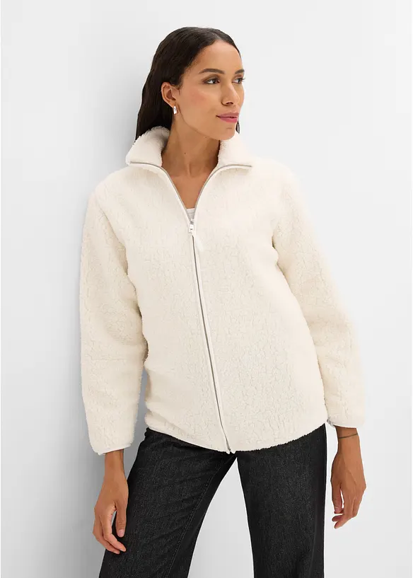 Sweatjacke aus Teddyfleece in weiß von vorne (im Anschnitt) - bonprix
