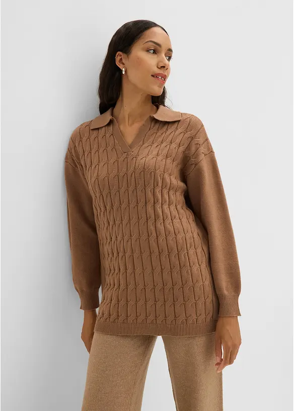 Zopfstrick-Pullover aus Viskose-Mix in braun von vorne (im Anschnitt) - bonprix