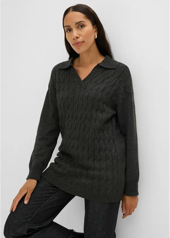 Zopfstrick-Pullover aus Viskose-Mix in grau von vorne (im Anschnitt) - bonprix
