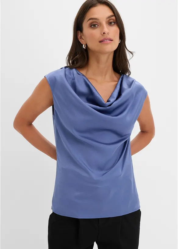 Blusentop aus fließendem Satin in blau von vorne (im Anschnitt) - bonprix