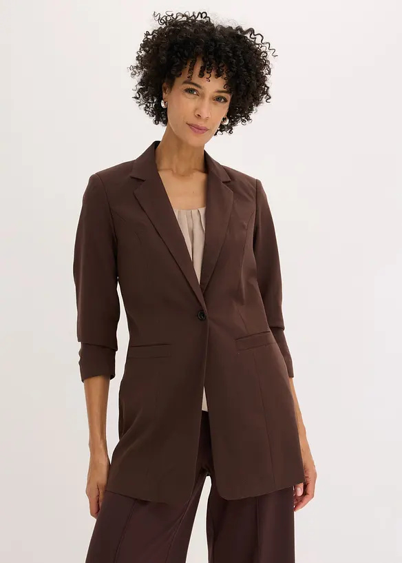 Long-Blazer mit gerafften 3/4-Ärmeln in braun von vorne (im Anschnitt) - bonprix
