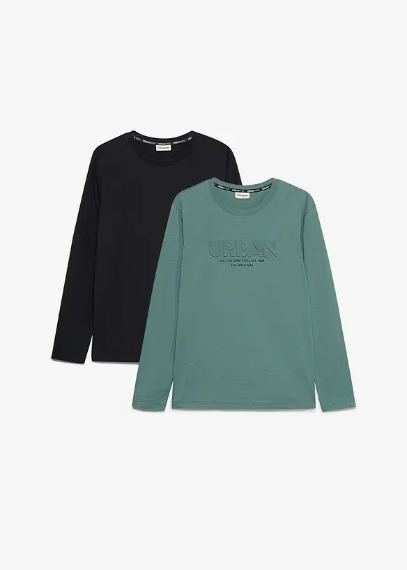 Langarmshirt mit 3D Print aus reiner Bio-Baumwolle (2er Pack) in schwarz von vorne - bonprix