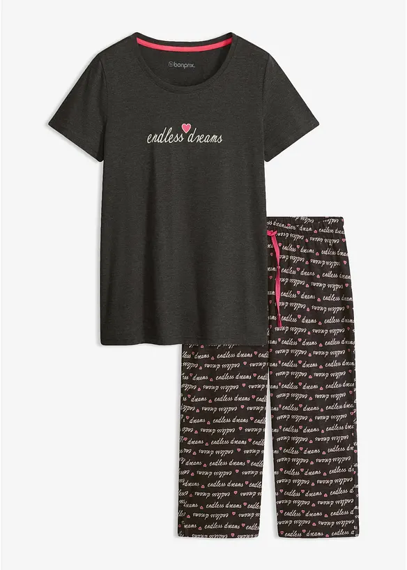 Capri Pyjama aus reiner Baumwolle in grau von vorne - bonprix