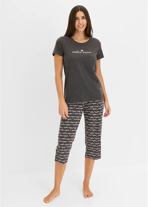 Capri Pyjama aus reiner Baumwolle in grau von vorne (Totalaufnahme) - bonprix