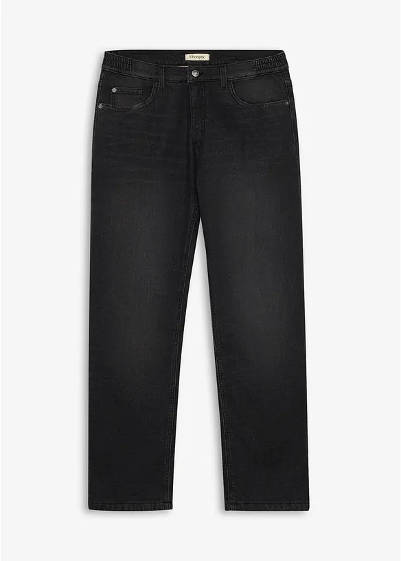 Thermo Relaxed-Fit-Jeans mit Dehnbund, Straight in schwarz von vorne - bonprix
