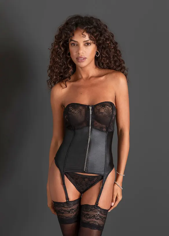Corsage mit Strapshaltern und String (2-tlg.Set) in schwarz im Look von vorne (Totalaufnahme) - bonprix