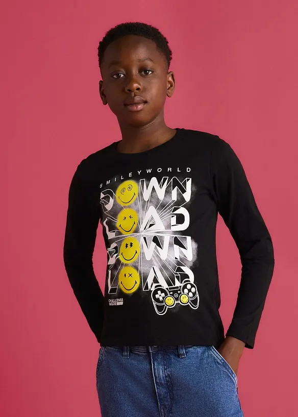Smiley World Langarmshirt aus reiner Baumwolle in schwarz von vorne (im Anschnitt) - SmileyWorld
