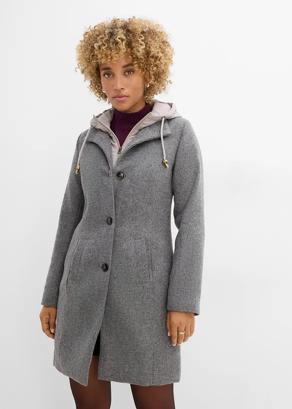 Winter-Kurzmantel in Wolloptik, 2in1 Optik in grau von vorne (Totalaufnahme) - bonprix