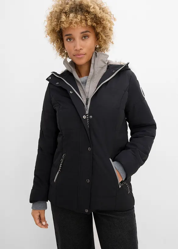 Winterjacke in 2-in1 Optik in schwarz von vorne (im Anschnitt) - bonprix