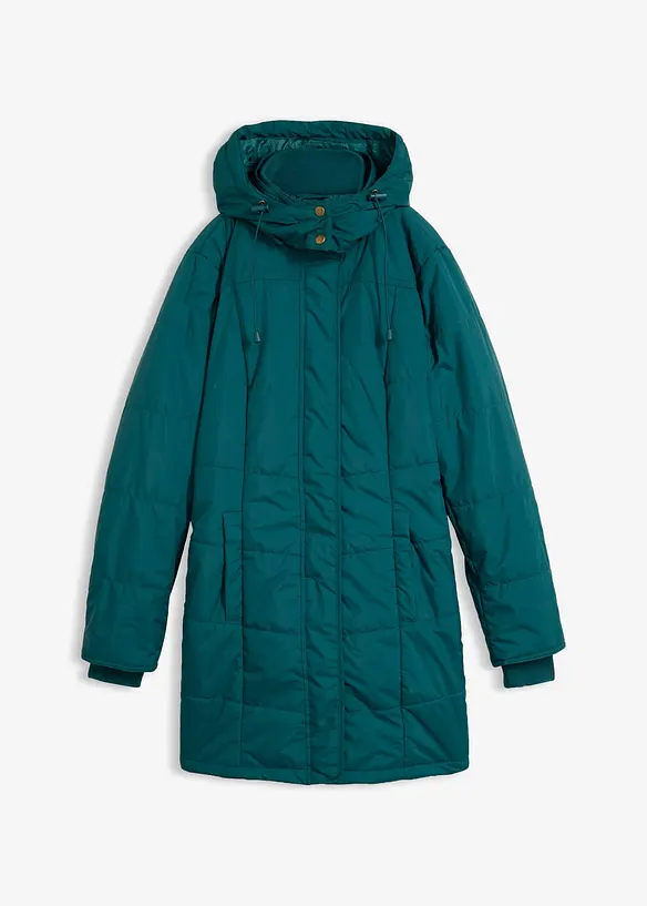 Long-Steppjacke, wattiert mit Kragen und Kapuze in petrol von vorne - bonprix
