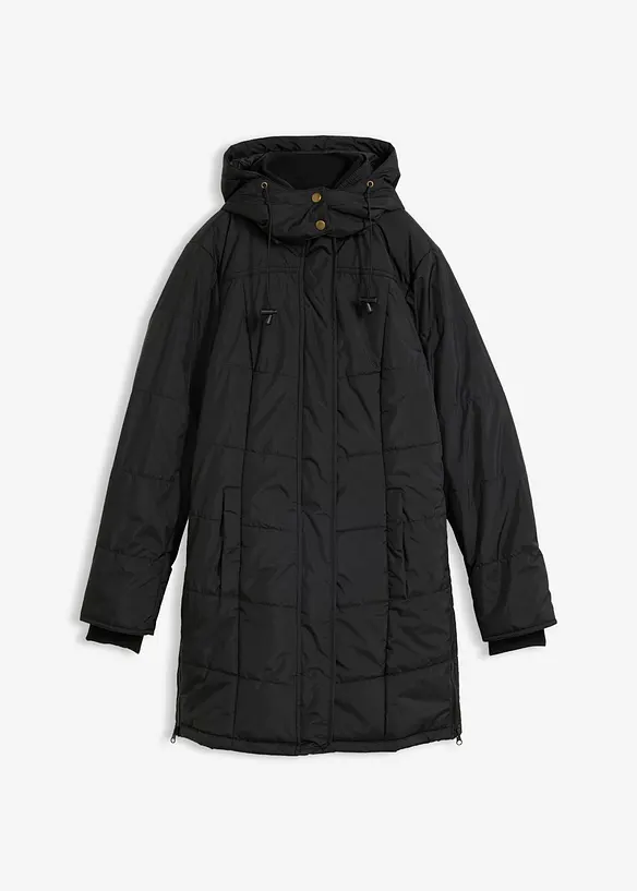 Long-Steppjacke, wattiert mit Kragen und Kapuze in schwarz von vorne - bonprix