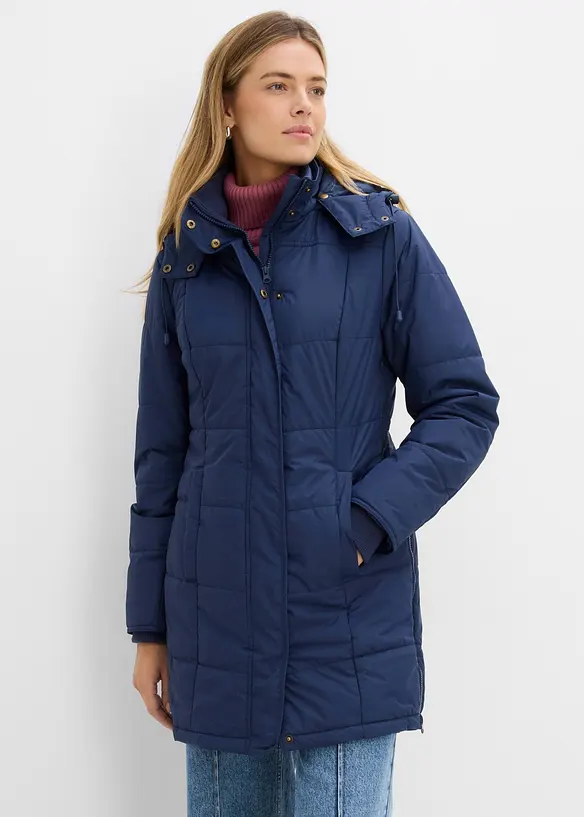 Long-Steppjacke, wattiert mit Kragen und Kapuze in blau von vorne (im Anschnitt) - bonprix