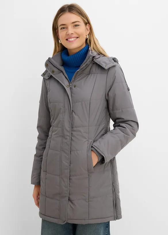 Long-Steppjacke, wattiert mit Kragen und Kapuze in grau von vorne (im Anschnitt) - bonprix
