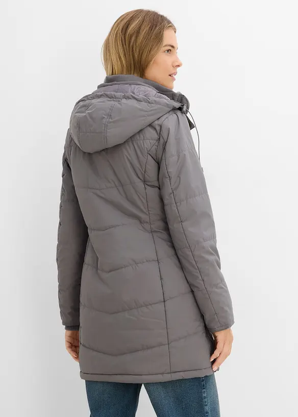 Long-Steppjacke, wattiert mit Kragen und Kapuze in grau von hinten (im Anschnitt) - bonprix