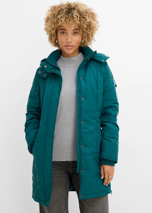 Long-Steppjacke, wattiert mit Kragen und Kapuze in petrol von vorne (im Anschnitt) - bonprix