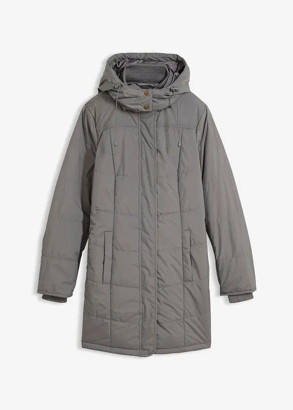 Long-Steppjacke, wattiert mit Kragen und Kapuze in grau von vorne - bonprix