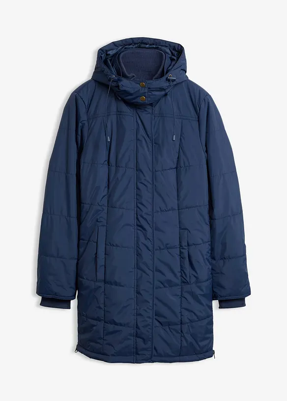 Long-Steppjacke, wattiert mit Kragen und Kapuze in blau von vorne - bonprix