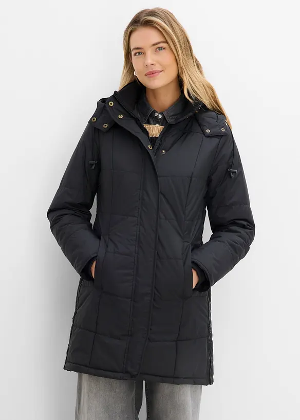 Long-Steppjacke, wattiert mit Kragen und Kapuze in schwarz von vorne (im Anschnitt) - bonprix