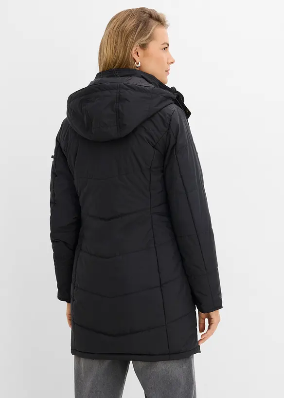 Long-Steppjacke, wattiert mit Kragen und Kapuze in schwarz von hinten (im Anschnitt) - bonprix