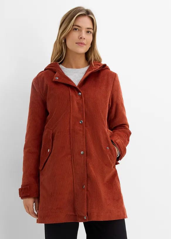 Warmer Cord-Parka mit Teddy-Futter in der Kapuze, in A-Linie in braun von vorne (im Anschnitt) - bonprix