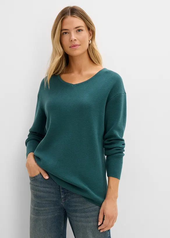 Milano Rib Pullover mit V-Ausschnitt in petrol von vorne (im Anschnitt) - bonprix Milano Rib Pullover mit V-Ausschnitt in petrol von vorne (im Anschnitt) - bonprix