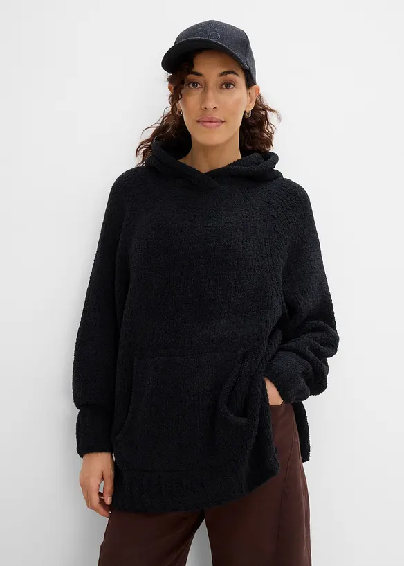 Kapuzenpullover in Teddy-Fleece in schwarz von vorne (im Anschnitt) - bonprix