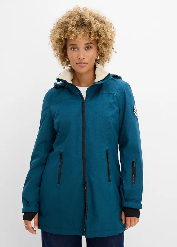 wasserdichte Funktions-Outdoor-Longjacke mit Teddyfleece in petrol von vorne (im Anschnitt) - bonprix