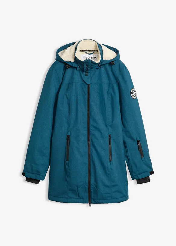 wasserdichte Funktions-Outdoor-Longjacke mit Teddyfleece in petrol von vorne - bonprix