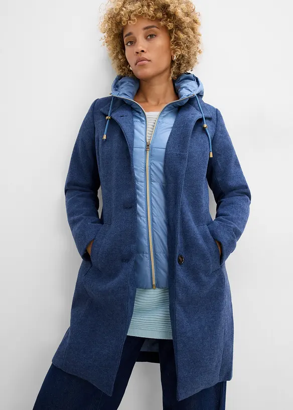 Winter-Kurzmantel in Wolloptik, 2in1 Optik in blau von vorne (Totalaufnahme) - bonprix