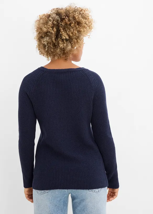 Gerippter Pullover aus reiner Baumwolle in blau von hinten (im Anschnitt) - bonprix