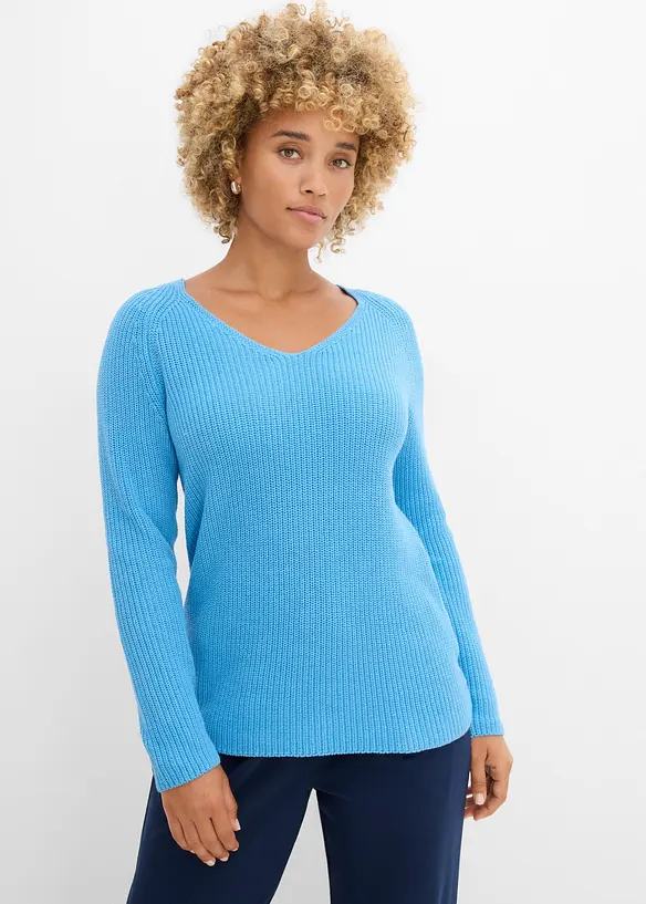 Gerippter Pullover aus reiner Baumwolle in blau von vorne (im Anschnitt) - bonprix