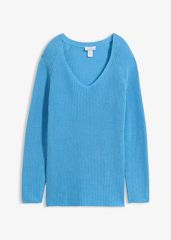 Gerippter Pullover aus reiner Baumwolle in blau von vorne - bonprix