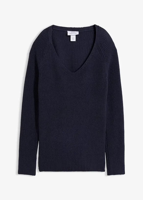 Gerippter Pullover aus reiner Baumwolle in blau von vorne - bonprix
