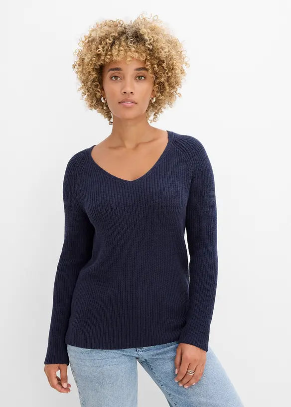 Gerippter Pullover aus reiner Baumwolle in blau von vorne (im Anschnitt) - bonprix