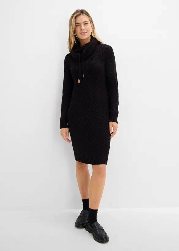 Strickkleid mit Schalkragen in schwarz von vorne (Totalaufnahme) - bonprix