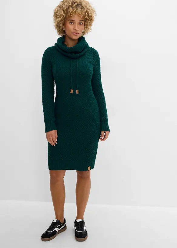 Strickkleid mit Schalkragen in grün von vorne (Totalaufnahme) - bonprix