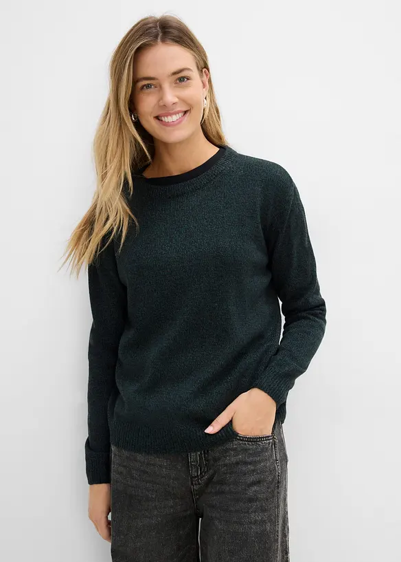 Strick-Pullover mit Rundhals-Ausschnitt in Melange in grün von vorne (im Anschnitt) - bonprix
