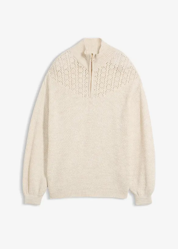 Troyer-Pullover mit Ajourmuster in beige von vorne - bonprix