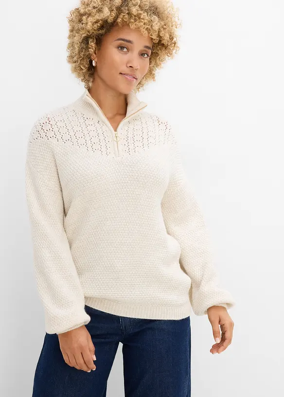Troyer-Pullover mit Ajourmuster in beige von vorne (im Anschnitt) - bonprix