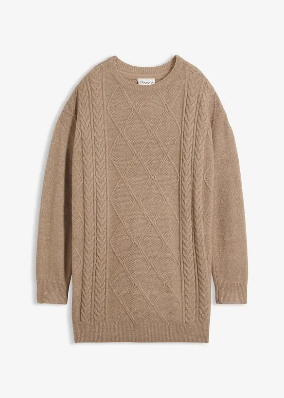 Oversize-Pullover mit Zopfmuster in braun von vorne - bonprix