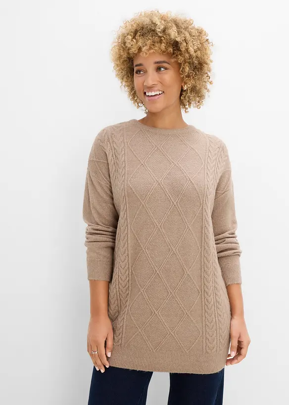 Oversize-Pullover mit Zopfmuster in braun von vorne (im Anschnitt) - bonprix