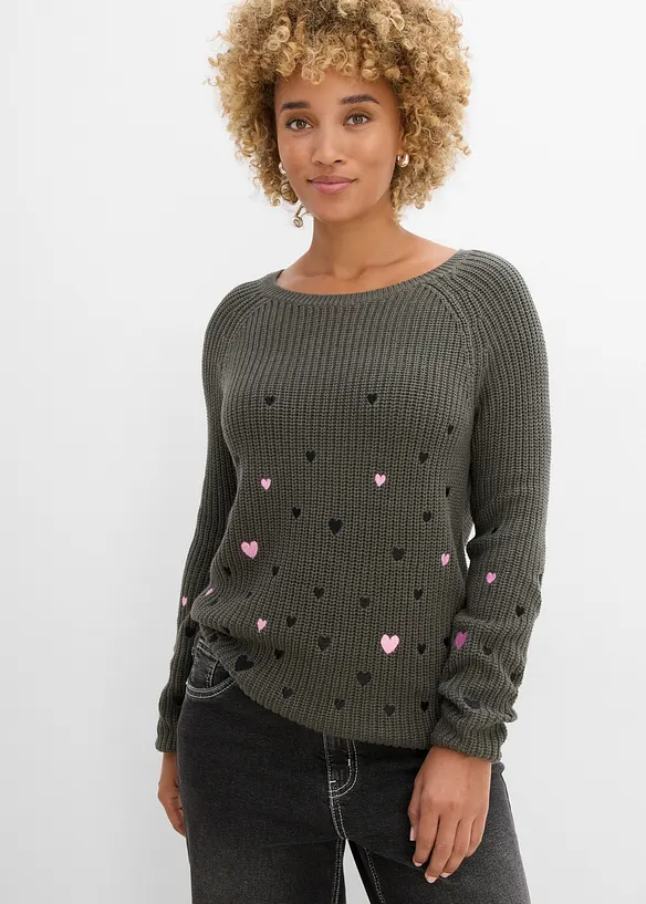Pullover mit Stickerei in grau von vorne (im Anschnitt) - bonprix
