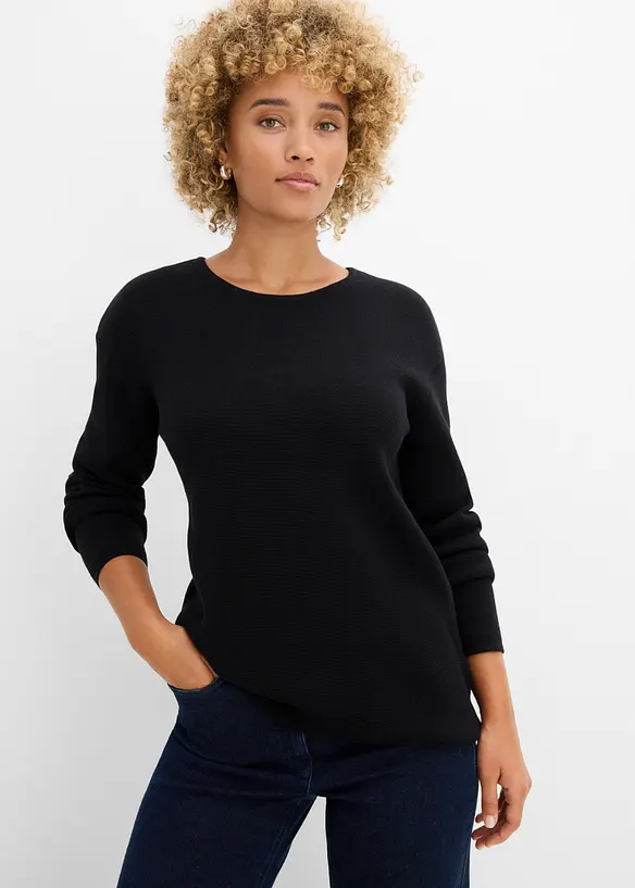 Milano Rib Pullover mit Rundhals in schwarz von vorne (im Anschnitt) - bonprix