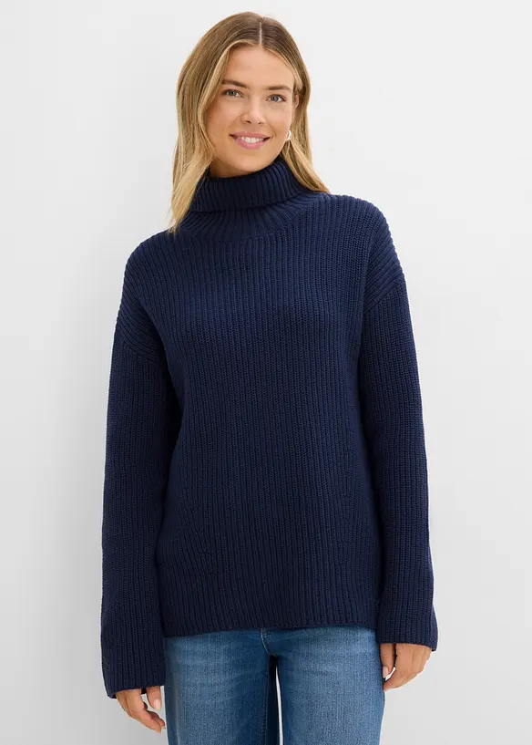 Rollkragenpullover aus reiner Bio-Baumwolle in blau von vorne (im Anschnitt) - bonprix
