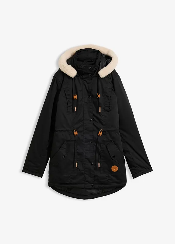 Wattierter Parka mit Fellimitat-Besatz in schwarz von vorne - bonprix