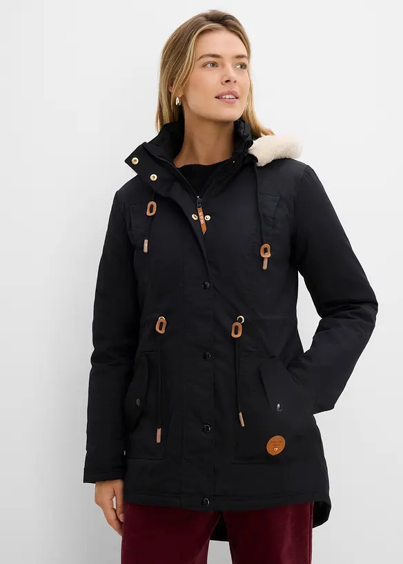 Wattierter Parka mit Fellimitat-Besatz in schwarz von vorne (im Anschnitt) - bonprix