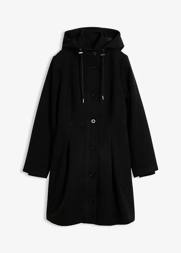 Mantel mit Kapuze und Bundfalten in schwarz von vorne - bonprix