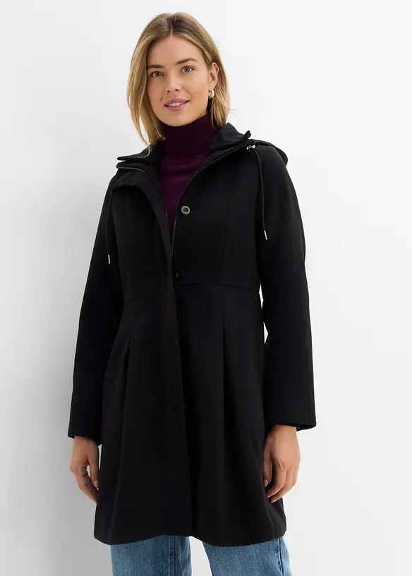 Mantel mit Kapuze und Bundfalten in schwarz von vorne (Totalaufnahme) - bonprix